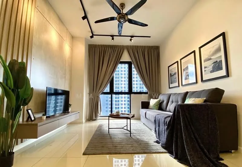 Living features: grey fabric sofa, area rug, wall-mounted TV, wooden TV console, 5-blade ceiling fan with light, floor-to-ceiling windows, sheer curtains, decorative wall art, potted plant, recessed lighting, neutral painted walls, light-colored tile flooring; style: modern; view: city.