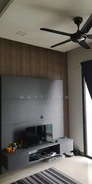Living features: grey wall-mounted TV console, wall-mounted TV, 5-blade ceiling fan, striped area rug, dark curtains, wood accent wall, cream painted walls, floor-to-ceiling windows; style: modern.