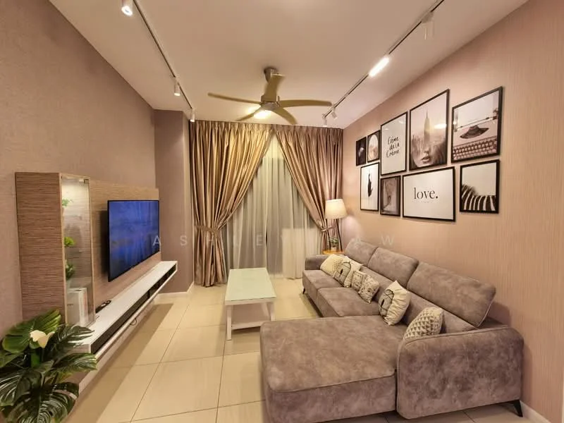 Living features: 3-seater fabric sofa in grey, coffee table, wall-mounted TV, TV console, decorative wall art, floor-to-ceiling curtains, sheer curtains, ceiling fan with light, recessed downlights, cream painted walls, tile flooring, area rug, indoor plant; style: modern.