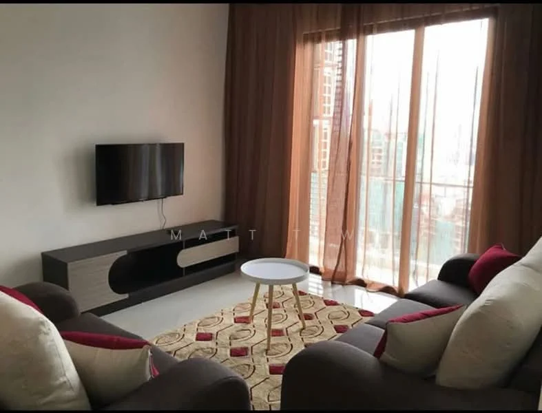 Living features: floor-to-ceiling windows, sheer curtains, 3-seater fabric sofa in grey, 2-seater fabric sofa with red accent pillows, coffee table, TV console, wall-mounted TV, area rug with geometric pattern, decorative cushions, neutral painted walls, polished tile flooring; style: modern; view: city.