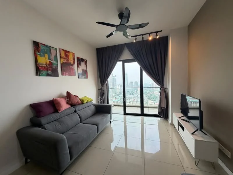 Living features: 3-seater fabric sofa in grey, decorative cushions in pink and green, floor-to-ceiling windows, sliding glass door, curtains in dark grey, ceiling fan with light, wall-mounted TV, white TV console, glossy tile flooring, city view, framed artwork on walls; style: modern; view: city.