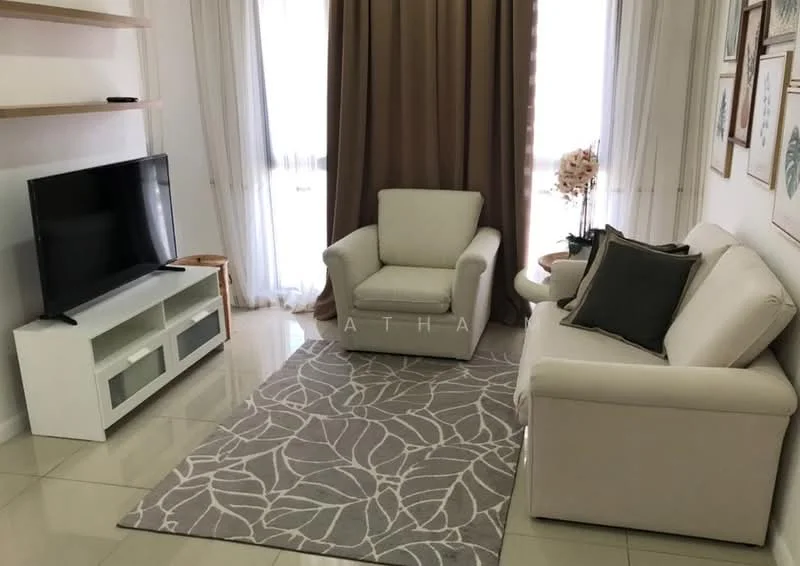 Living features: white fabric 2-seater sofa, white fabric armchair, TV console with storage, wall-mounted TV, area rug with leaf pattern, floor-to-ceiling windows, sheer curtains, decorative wall art, shelf with decorative items, light-colored tiled flooring; style: modern.
