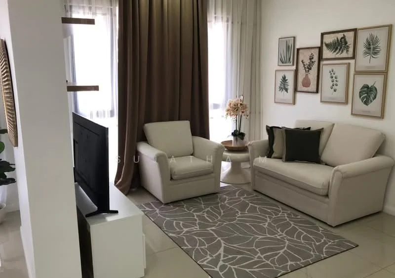 Living features: beige fabric sofa, armchair in light grey, decorative cushions, area rug with geometric pattern, wall-mounted TV, wooden TV console, framed botanical artwork, sheer curtains, floor-to-ceiling windows, potted plant, light-coloured walls, glossy tile flooring; style: modern.