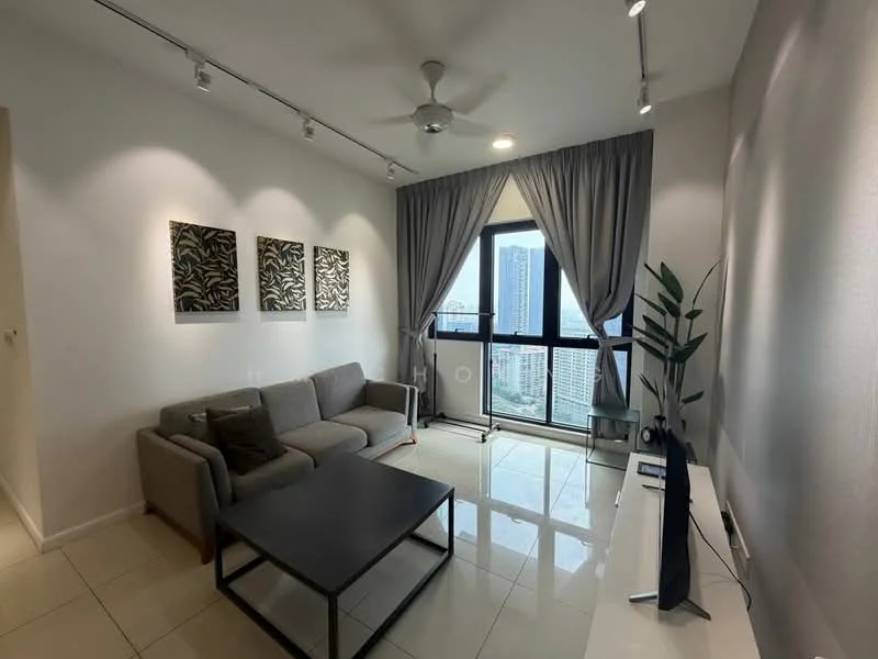 Living features: 3-seater fabric sofa in grey, coffee table with black surface, wall-mounted TV, floor-to-ceiling windows, sheer curtains, recessed LED downlights, ceiling fan, decorative wall art, potted plant, glossy tile flooring, light grey painted walls; style: modern; view: city.