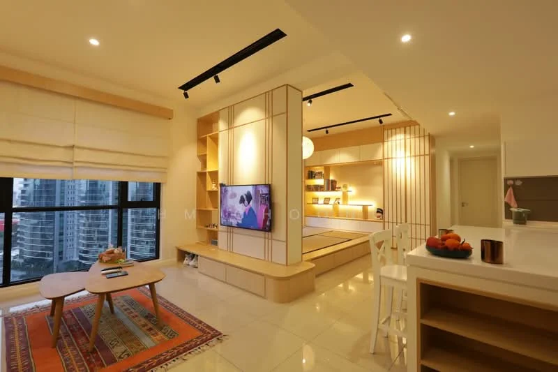 Living features: light wood paneling, built-in shelving unit, wall-mounted TV, recessed lighting, large floor-to-ceiling windows, white walls, cream tiled flooring, decorative area rug, coffee table, upholstered seating, pendant light fixture, open layout, city view; style: modern; view: city.