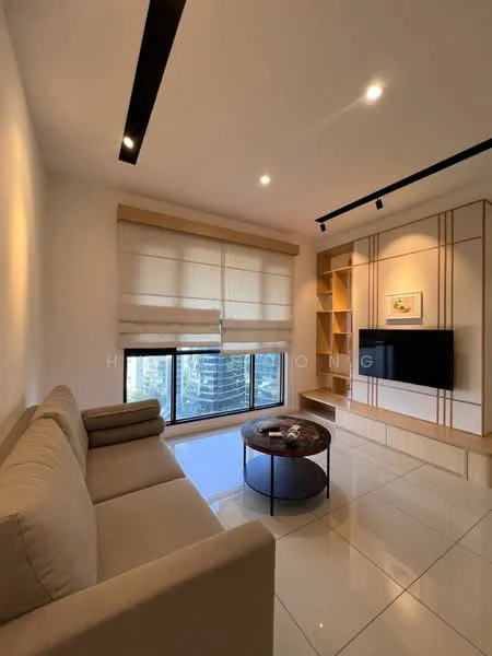 Living features: beige fabric sofa, round coffee table, wall-mounted TV, built-in shelving unit, large window with city view, roller blinds, recessed lighting, glossy tile flooring; style: modern; view: city.
