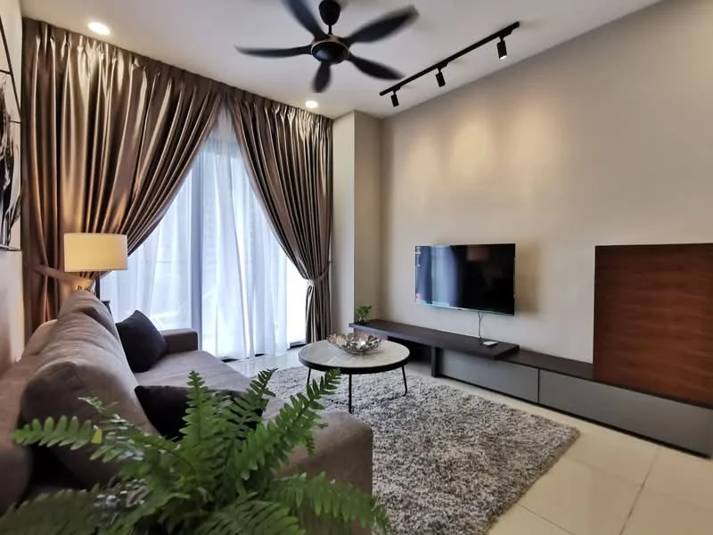 Living features: 3-seater fabric sofa in grey, coffee table, wall-mounted TV, TV console, area rug with geometric pattern, floor-to-ceiling windows, sheer curtains, blackout curtains, 5-blade ceiling fan with light, decorative plant in ceramic pot, recessed downlights, feature wall with wood paneling; style: modern; view: city.