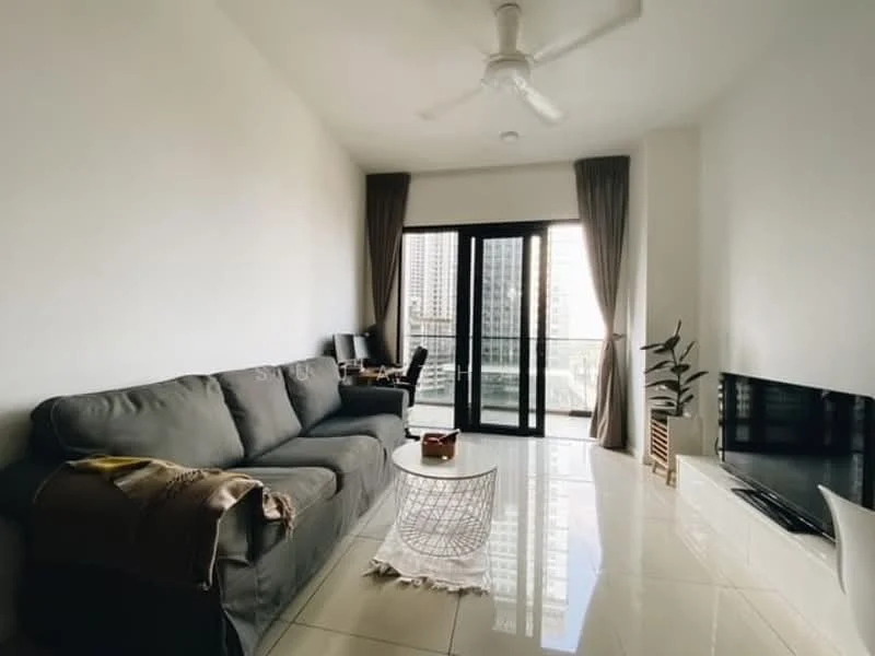 Living features: 3-seater fabric sofa in grey, coffee table with white top, floor-to-ceiling windows, sliding glass door, curtains in grey, wall-mounted TV, decorative plant in pot, polished tile flooring, ceiling fan with light, study desk with chair; style: modern; view: city.