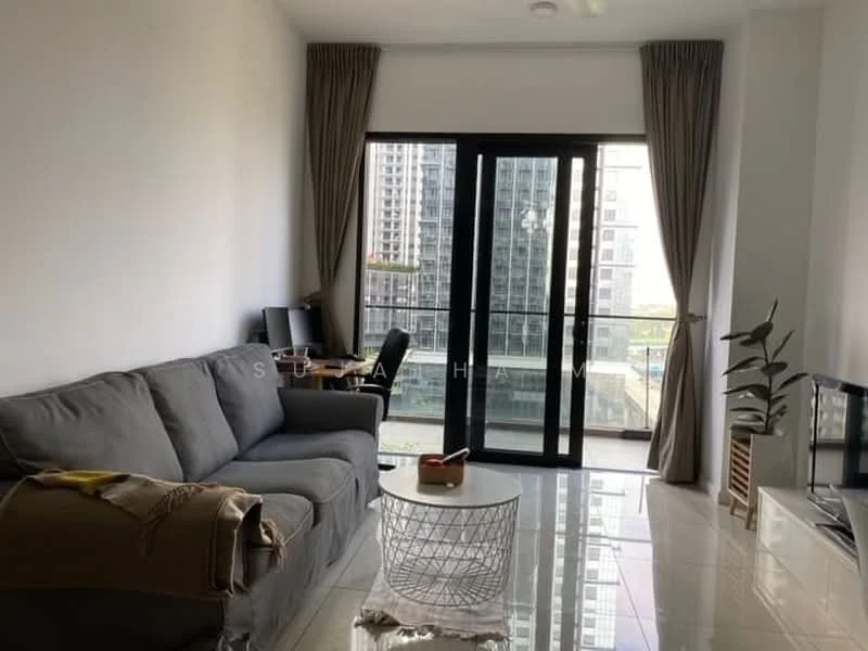 Living features: grey fabric sofa, 2-seater sofa, coffee table with woven design, floor-to-ceiling sliding glass door, curtains in light grey, wall-mounted TV, TV console, decorative plant in pot, white tiled flooring, recessed ceiling lights; style: modern; view: city.