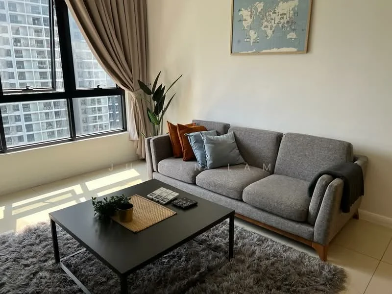 Living features: grey fabric sofa, coffee table with black frame, area rug with fluffy texture, floor-to-ceiling windows, sheer curtains, decorative cushions in orange and blue, indoor plant, wall-mounted artwork, light-colored walls, tile flooring; style: modern; view: city.