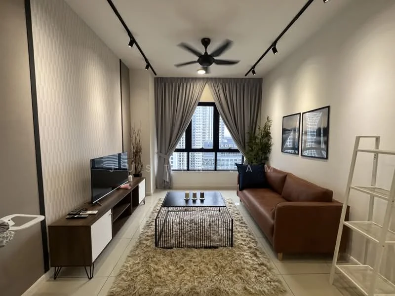 Living features: 3-seater brown leather sofa, coffee table with black metal frame, area rug with fluffy texture, TV console with white and wood finish, wall-mounted flat-screen TV, 5-blade ceiling fan with light, floor-to-ceiling windows, grey curtains, decorative plants in pots, framed artwork on walls, track lighting, light grey painted walls, tile flooring; style: modern; view: city.