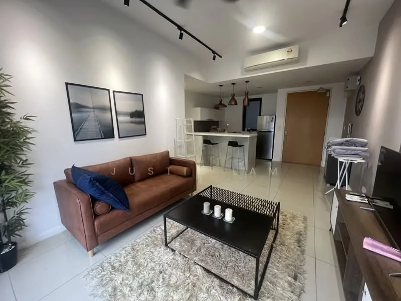 Living features: brown fabric sofa, black coffee table, area rug with fluffy texture, wall-mounted TV, TV console, recessed downlights, air conditioning unit, decorative plant, framed artwork, open-plan layout to kitchen, white walls, white tiled flooring; style: modern. Kitchen features: stainless-steel fridge, kitchen island with bar stools, pendant lighting, white cabinetry, black countertop, open shelving, built-in oven, 4-burner gas hob; style: modern.