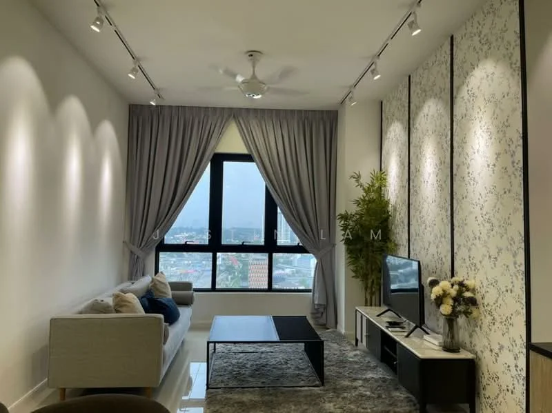 Living features: 3-seater fabric sofa in light grey, coffee table in black, TV console in white, wall-mounted TV, area rug with geometric pattern, floor-to-ceiling windows, sheer curtains, decorative plant, recessed downlights, accent wall with floral pattern, white painted walls, polished tile flooring, ceiling fan with light; style: modern; view: city.