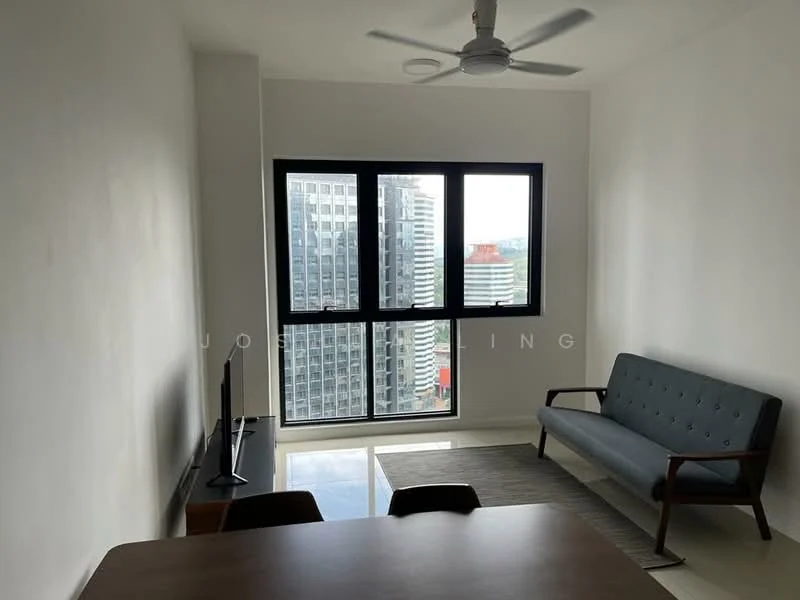 Living features: grey fabric sofa, wooden coffee table, wall-mounted TV, floor-to-ceiling windows, city skyline view, light-colored walls, recessed ceiling lights, ceiling fan; style: modern; view: city.
