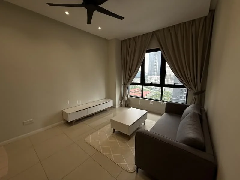 Living features: grey fabric sofa, white coffee table, TV console, floor-to-ceiling windows, sheer curtains, recessed downlights, ceiling fan, cream painted walls, beige tiled flooring; style: modern; view: city.