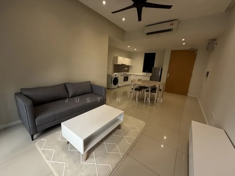 Living features: 3-seater fabric sofa in grey, coffee table, area rug with geometric pattern, wall-mounted TV, dining table for 4, white cabinetry, built-in oven, microwave, front-load washing machine, recessed LED downlights, 5-blade ceiling fan, sliding glass door, cream painted walls, glossy tile flooring; style: modern.