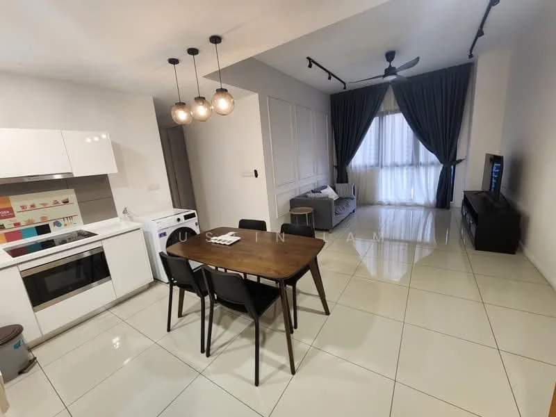 Kitchen features: white cabinetry, built-in oven, stainless-steel range hood, 4-burner gas hob, single-bowl stainless-steel sink, chrome pull-down faucet, microwave, washing machine; style: modern. Dining features: 6-seater dining table, black dining chairs, pendant lighting, ceramic tile flooring; style: modern. Living features: sofa, TV console, wall-mounted TV, floor-to-ceiling windows, curtains, recessed downlights, ceramic tile flooring; style: modern.
