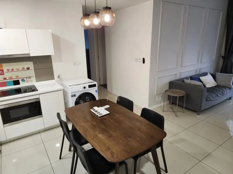 Dining features: wood dining table, black dining chairs, pendant lighting with three bulbs, white cabinetry, built-in oven, stainless-steel stove, white backsplash, ceramic tile flooring, washing machine, grey sofa, decorative cushions, wall paneling, neutral wall color; style: modern.