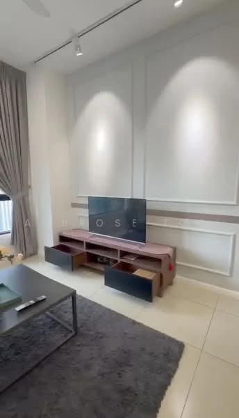 Living features: wall-mounted TV, TV console with storage, grey area rug, cream tiled flooring, white painted walls with paneling, curtains, recessed lighting, decorative wall features; style: modern.