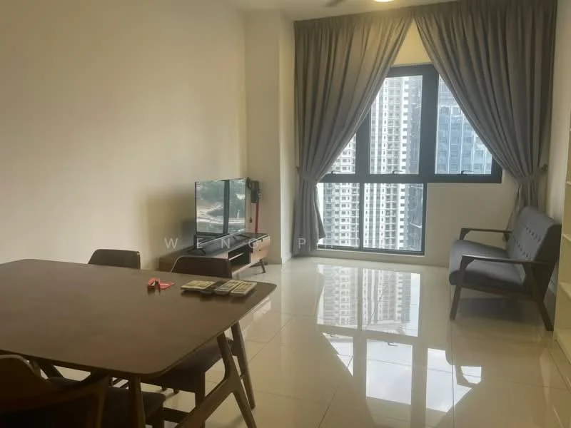Living features: large floor-to-ceiling windows, grey curtains, white painted walls, glossy tile flooring, TV console, flat-screen TV, 2-seater sofa, dining table with chairs, decorative items on table; style: modern; view: city.