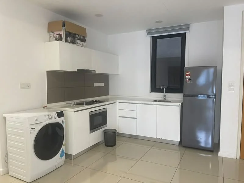 Kitchen features: white cabinets, grey tile backsplash, stainless-steel sink, chrome pull-down faucet, built-in oven, electric cooktop, stainless-steel fridge, front-load washing machine, bin, tile flooring, recessed downlights, window with black frame; style: modern.