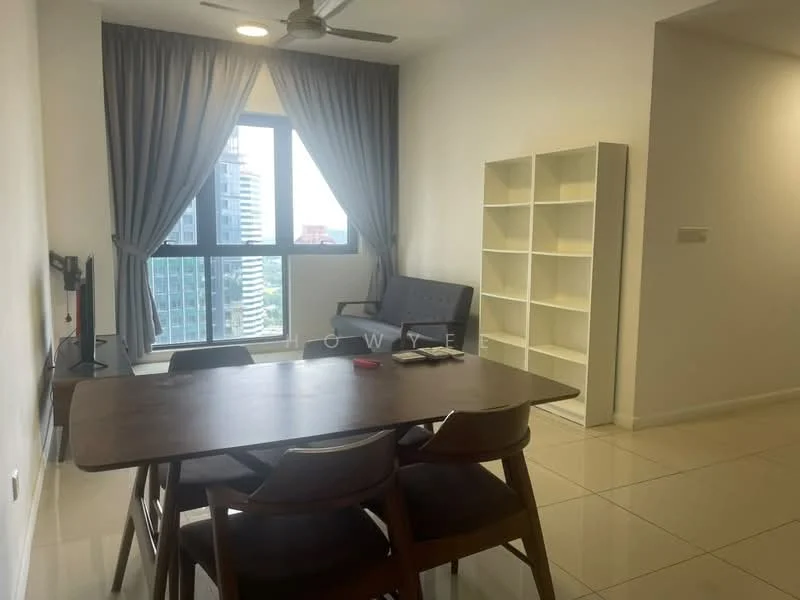 Living features: grey fabric sofa, wooden dining table, 4 wooden dining chairs, floor-to-ceiling windows, sheer curtains, white painted walls, white tiled flooring, ceiling fan with light, built-in white shelving unit; style: modern; view: city.