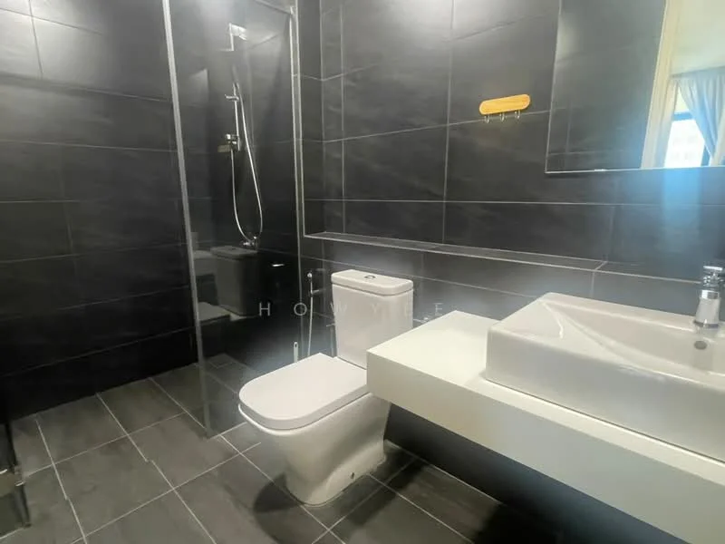 Bathroom features: black tiled walls, black tiled flooring, walk-in shower with glass enclosure, rain shower head, handheld shower, single-sink vanity with white countertop, chrome basin mixer, one-piece toilet, wall-mounted shelf, mirror above vanity; style: modern.