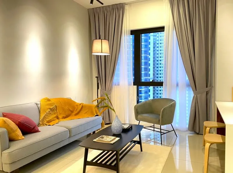 Living features: grey fabric 3-seater sofa, yellow throw blanket, red decorative pillows, black coffee table, decorative vase on coffee table, floor lamp with fabric shade, curtains in light grey, floor-to-ceiling window, glossy tile flooring, green accent chair; style: modern; view: city.