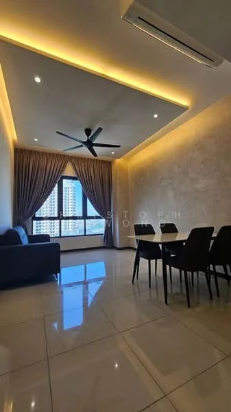 Living features: cream painted walls, recessed downlights, 5-blade ceiling fan with light, floor-to-ceiling windows, dark fabric sofa, dining table with black chairs, glossy tile flooring, curtains, decorative wall with texture; style: modern; view: city.