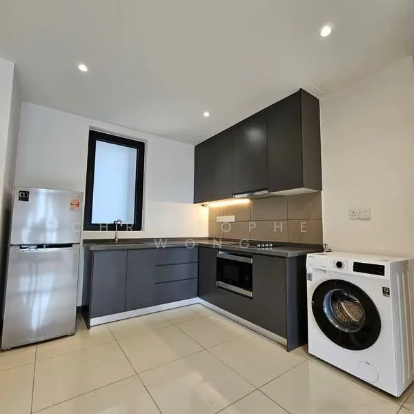 Kitchen features: black cabinetry, white countertop, stainless-steel fridge, built-in microwave, stainless-steel sink, chrome pull-down faucet, ceramic tile flooring, washing machine, recessed downlights, window with black frame, tile backsplash; style: modern.