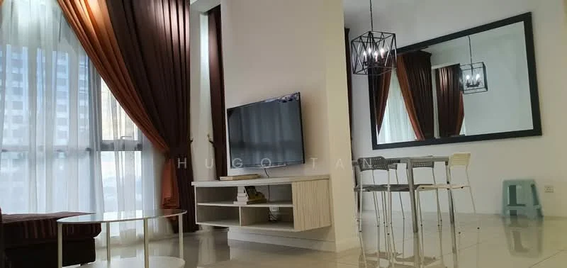 Living features: floor-to-ceiling windows, sheer curtains, dark brown curtains, white painted walls, polished tile flooring, wall-mounted TV, TV console in light wood, glass coffee table, 4-seater dining table with white chairs, pendant light fixture, large mirror, sofa in dark brown fabric; style: modern; view: city.