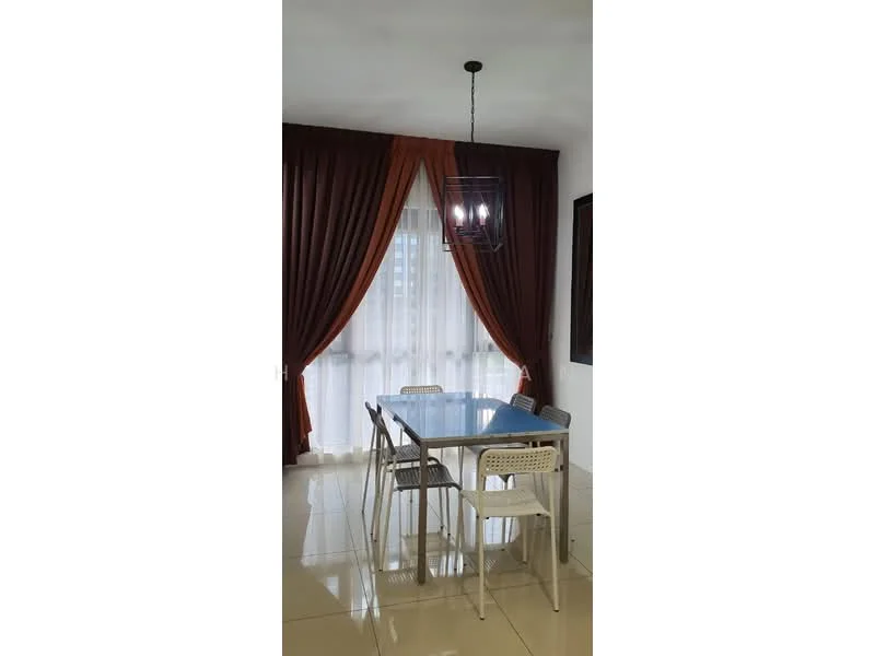 Dining features: square dining table, four dining chairs, chandelier light fixture, floor-to-ceiling windows, sheer curtains, dark red curtains, glossy tile flooring, white walls; style: modern.