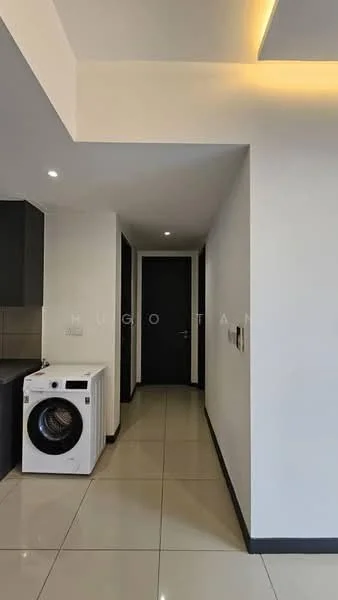 Laundry features: white front-load washing machine, black door, white painted walls, recessed lighting, glossy tile flooring, dark cabinetry, neutral color scheme, corner layout; style: modern.