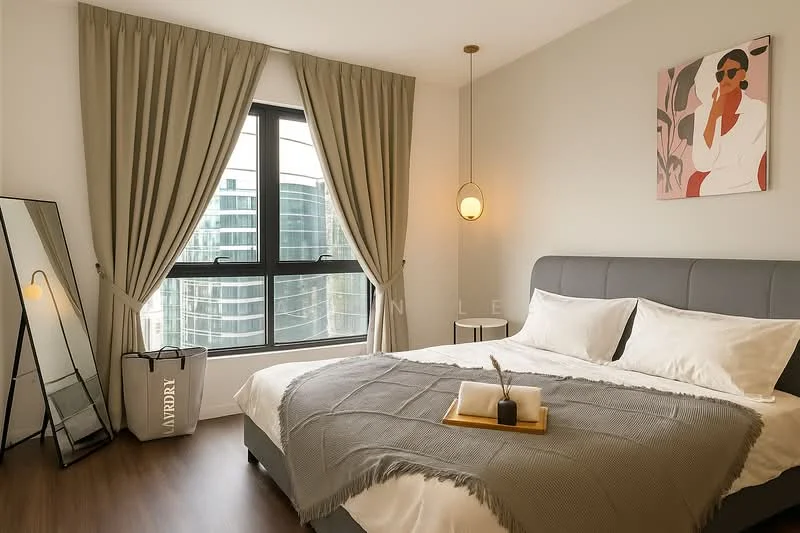 Bedroom features: king-size bed with grey upholstered headboard, white bedding with decorative throw, bedside table with decorative tray, pendant light fixture, floor-to-ceiling window, curtains in light beige, full-length mirror, wooden flooring, abstract artwork on wall, decorative box on floor; style: modern; view: city.
