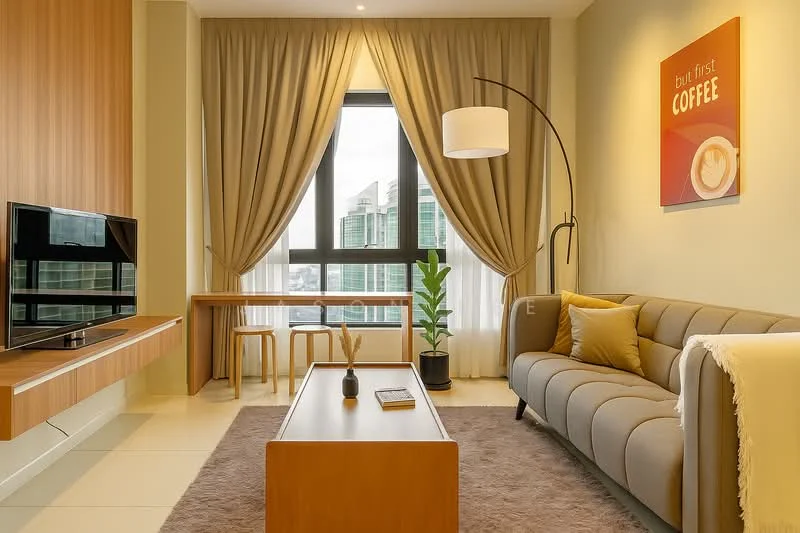 Living features: grey fabric sofa, wood coffee table, TV console, wall-mounted TV, floor lamp, curtains, decorative plant, area rug, wooden dining table with two chairs, wall art with coffee theme, light-colored walls, recessed lighting; style: modern; view: city.