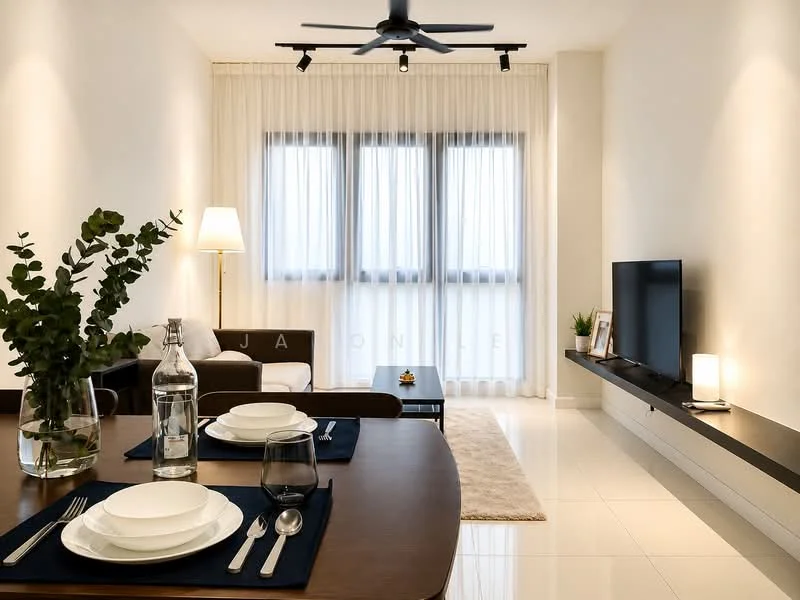 Living features: white painted walls, glossy tile flooring, 5-blade ceiling fan with light, floor-to-ceiling windows, sheer curtains, wall-mounted TV, floating TV console, area rug, sofa, decorative lamp, coffee table; style: modern. Dining features: dining table with dark wood finish, white dinner plates, glass water bottle, wine glass, napkin, cutlery; style: modern.