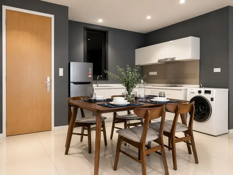 Dining features: wooden dining table, 4 wooden dining chairs with grey cushions, white cabinetry, stainless-steel fridge, built-in oven, ceramic tile flooring, grey accent wall, white washing machine, recessed downlights; style: modern. Kitchen features: white upper cabinets, grey lower cabinets, stainless-steel sink, chrome pull-down faucet, ceramic tile backsplash; style: modern.