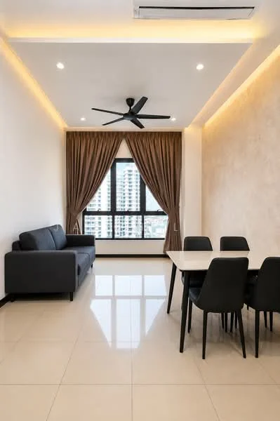 Living features: grey fabric sofa, 4-seater dining table, black dining chairs, cream painted walls, recessed downlights, 5-blade ceiling fan, floor-to-ceiling windows, brown curtains, glossy tile flooring; style: modern; view: city.
