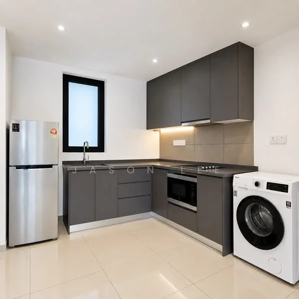 Kitchen features: grey cabinetry, black countertop, stainless-steel fridge, built-in microwave, stainless-steel sink, chrome pull-down faucet, white washing machine, tile backsplash, recessed LED downlights, floor-to-ceiling window, cream tiled flooring; style: modern.