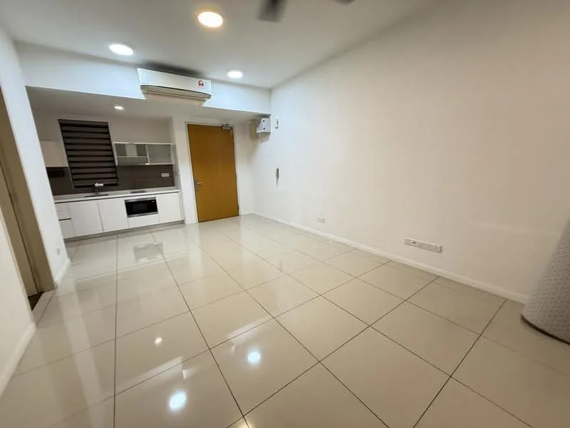 Living features: white painted walls, glossy ceramic tile flooring, recessed downlights, 1 wall-mounted split AC, kitchenette with white cabinetry, built-in microwave, countertop, single-bowl stainless-steel sink, chrome pull-down faucet, open layout, large window with blinds; style: modern.