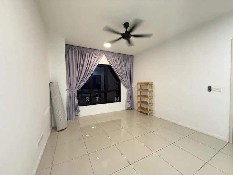 Room features: white painted walls, glossy tile flooring, 5-blade ceiling fan, floor-to-ceiling windows, sheer curtains, wooden shelving unit, rolled mattress, recessed lighting; style: modern; view: city.
