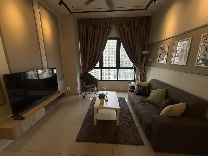 Living features: 3-seater fabric sofa in grey, coffee table, TV console, wall-mounted TV, area rug with geometric pattern, floor-to-ceiling windows, sheer curtains, recessed downlights, decorative wall art, light brown accent wall, ceiling fan; style: modern; view: city.