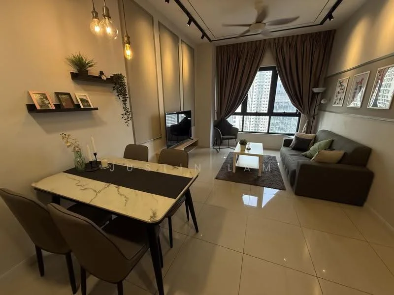 Living features: 3-seater fabric sofa in grey, 2-seater fabric sofa in green, coffee table with wooden top, marble dining table for 4, 4 upholstered dining chairs, floor-to-ceiling windows, curtains in beige, recessed downlights, ceiling fan, wall-mounted TV, decorative wall shelves, framed artwork, area rug with geometric pattern; style: modern; view: city.