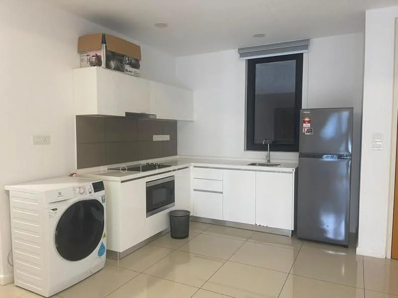 Kitchen features: white cabinetry, grey tile backsplash, stainless-steel fridge, built-in oven, 4-burner gas hob, single-bowl stainless-steel sink, chrome pull-down faucet, washing machine, countertop with straight edge, tile flooring, recessed downlights, window with black frame; style: modern.