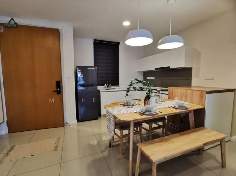 Kitchen features: white cabinetry, grey countertop, stainless-steel fridge, built-in oven, 4-burner gas hob, double-bowl stainless-steel sink, chrome pull-down faucet, pendant lighting, dining table with benches, table setting with plates and cutlery, tile flooring, black roller blinds; style: modern.