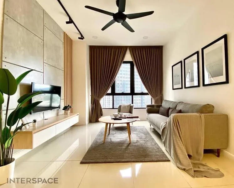 Living features: grey fabric sofa, wooden coffee table, area rug, wall-mounted TV, TV console with storage, floor-to-ceiling windows, sheer curtains, dark brown curtains, ceiling fan, decorative wall panels, framed artwork on walls; style: modern; view: city.