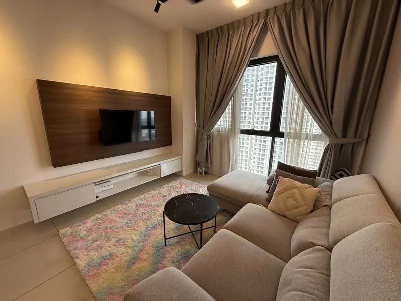 Living features: 3-seater fabric sofa in light grey, coffee table with black top and metal legs, wall-mounted TV, white TV console, area rug with pastel colors, floor-to-ceiling windows, sheer curtains, recessed downlights, light-colored walls, cream tiled flooring; style: modern; view: city.