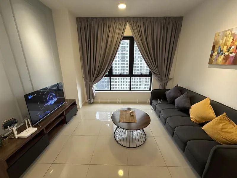 Living features: grey fabric sofa, yellow decorative cushions, round coffee table with metal base, wall-mounted TV, wooden TV console, white painted walls, large window with city view, floor-to-ceiling curtains, glossy tile flooring, recessed ceiling lights; style: modern; view: city.