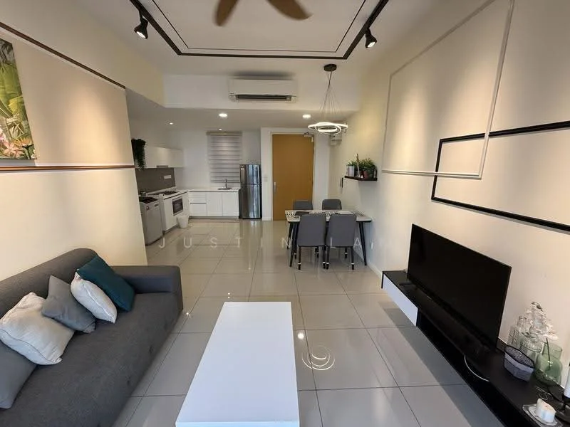 Living features: grey fabric sofa, coffee table, wall-mounted TV, TV console, area rug, ceiling fan, recessed downlights, white walls, glossy tile flooring, decorative wall art, dining table with chairs, kitchen area visible; style: modern. Kitchen features: white cabinetry, stainless-steel fridge, built-in oven, freestanding range oven, sink with faucet, countertop space, tile backsplash; style: modern.