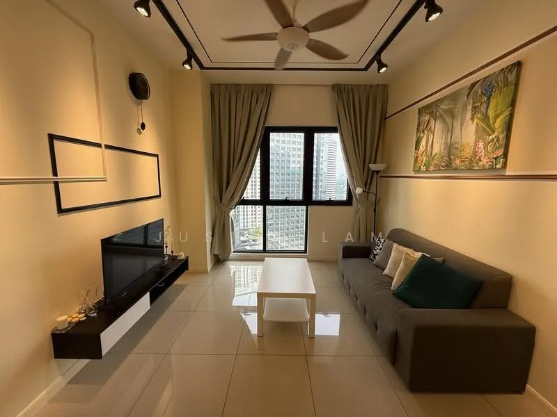 Living features: 3-seater fabric sofa in grey, white coffee table, wall-mounted TV, TV console, floor-to-ceiling windows, sheer curtains, recessed downlights, ceiling fan, decorative wall art, light-colored walls, glossy tile flooring; style: modern; view: city.